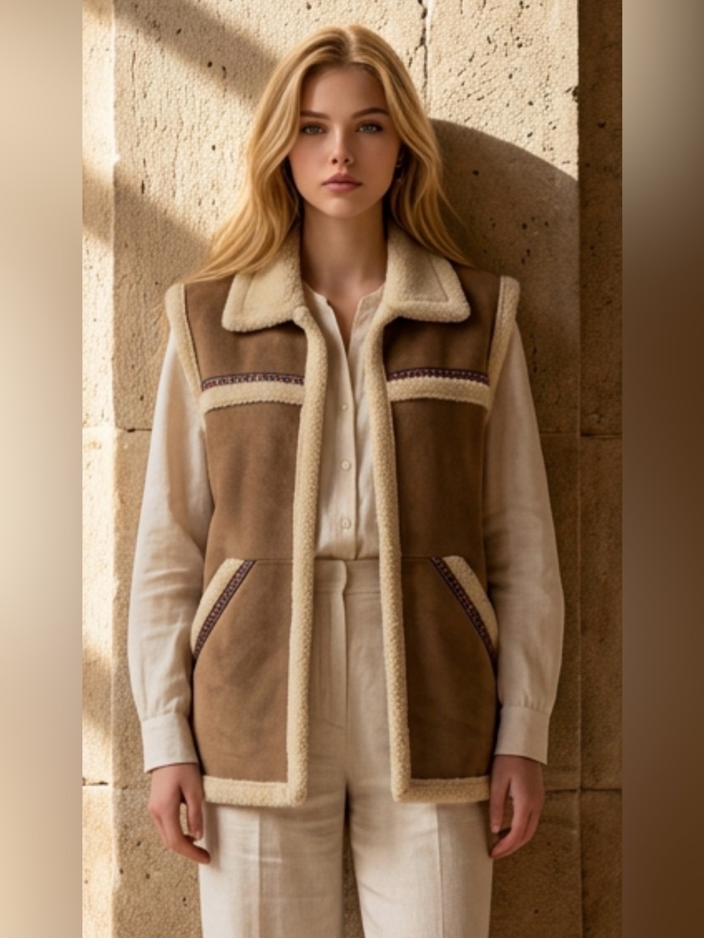 Milton Funwear Tan Vest with Cream Shearling Trim